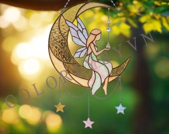 Fairy Moon Stained Glass Pattern, Celestial Suncatcher Template, Fantasy Glass Art Design (PDF, SVG, PNG, L92FA)