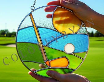 Golf Stained Glass Suncatcher, Round Golf Course Window Hanging, Gift for Golf Lovers, PDF PNG Download (L45TH)