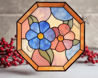 Octagon Floral Stained Glass Panel Pattern, Botanical Glass Art Design, Art Nouveau Floral Template (L137FL)