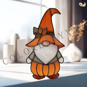 Pumpkin Gnome Stained Glass Pattern: Autumn Suncatcher Template (PDF, SVG, PNG)