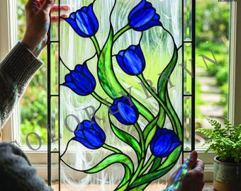 Blue Tulip Stained Glass Pattern, Floral Window Panel Template (PDF PNG, SVG, L207FL)