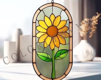 Sunflower Stained Glass Pattern, Flower Oval Suncatcher Template, Floral Window Art Design PDF, PNG (L116FL)