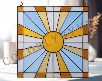 Sunburst Stained Glass Pattern: Geometric Sun Suncatcher Template (PDF SVG PNG Files), Diy Glass Art for Beginners GE14