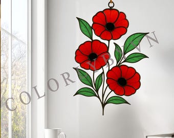 Motif attrape-soleil en vitrail coquelicot rouge : attrape-soleil floral en verre, décoration d'intérieur florale (fichiers PNG SVG PDF)