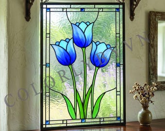 Tulip Stained Glass Pattern, Blue Floral Window Panel Template, Spring Summer Home Decor, Digital Download PDF PNG (L205FL)