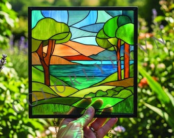 Landscape Stained Glass Pattern, Lake and Trees Suncatcher, Nature Glass Panel, Mountain Scene Design (L284PAL)