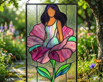 Motivo per vetrata con ragazza dei fiori, pannello con donna floreale, arte su vetro a tema natura, download digitale (L13FR)