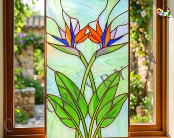 Motivo a vetrata con uccello del paradiso, acchiappasole con fiori tropicali, pannello per finestra a tema natura (L230FL)