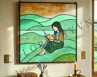Reading Girl Stained Glass Pattern, Book Lover Suncatcher Template, Peaceful Landscape Panel (PDF, SVG, L285PAL)