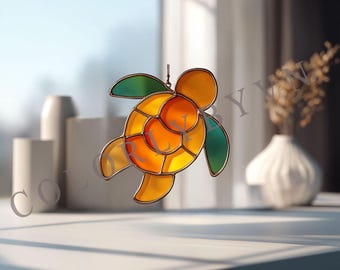 Turtle Stained Glass Pattern: Sea Animal Suncatcher Template (PDF, SVG, PNG), Cute Fall Window Hanging Glass Art Design