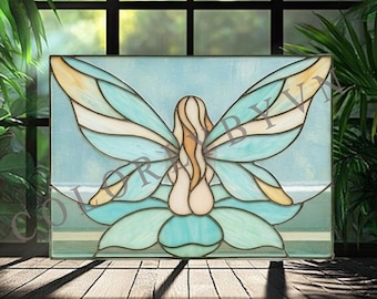 Fairy Stained Glass Pattern, Fairy on Flower, Fantasy Glass Art, Digital Download (PDF, SVG, PNG, L95FA)