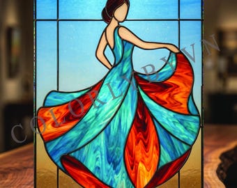 Elegant Lady Stained Glass Pattern, Woman in Flowing Dress Suncatcher Template, Modern Feminine Glass Art, DIY Window Panel Design (L23FR)