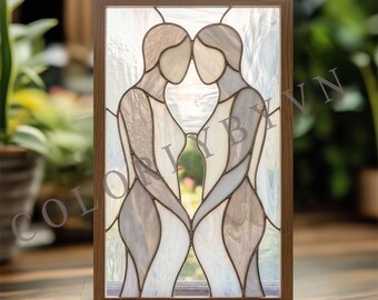 Motivo astratto di coppia in vetro colorato, pannello con silhouette romantica, arte moderna del vetro (L202THL)