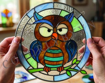 Owl Stained Glass Pattern| Round Bird Window Hanging | Owl Lover Gift | Whimsical Animal Glass Art | Digital Download (L358BI)