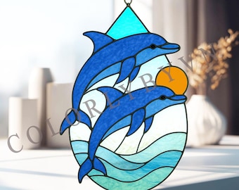 イルカのステンドグラス模様 | 夕焼けの海のサンキャッチャーデザイン