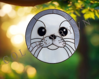 Modello di vetrata con simpatica foca, modello rotondo per appendere finestre con animali marini, adorabile cucciolo di foca fai da te, download PDF PNG (L173AN)