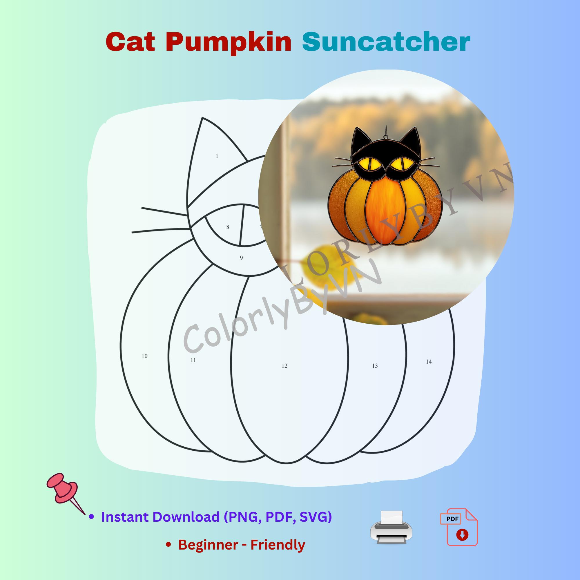 Black Cat Pumpkin Stained Glass Pattern: Halloween Suncatcher Template ...