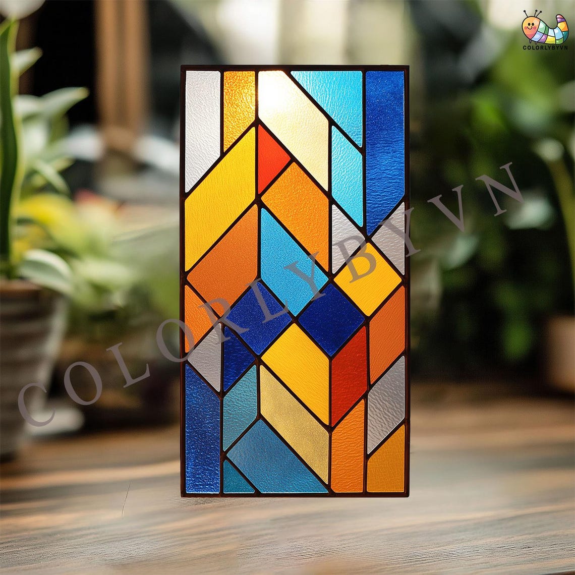 Geometric Stained Glass Pattern, Modern Abstract Panel Template, Blue ...
