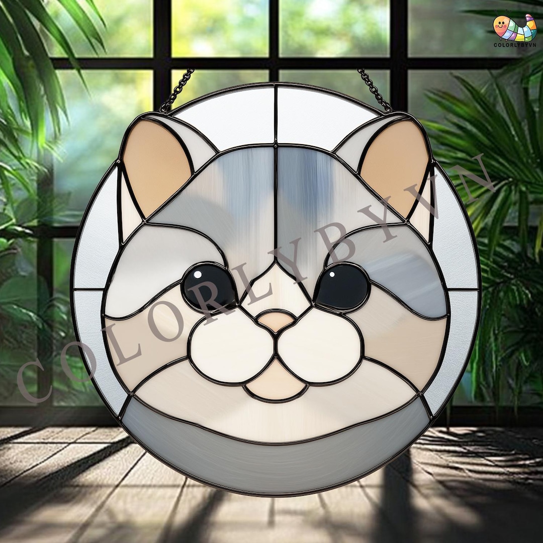 Cat Stained Glass Pattern: Kitty Suncatcher Template, Round Pet Glass ...