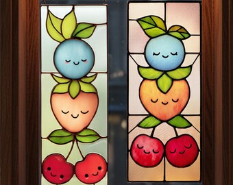 Cute Fruit Stained Glass Suncatcher, Smiling Fruit Window Hanging, Cherry Peach Apple Glass Art, Kitchen Window Decor, PDF SVG PNG Download