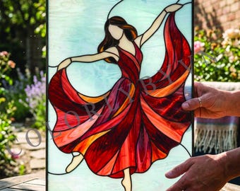 Dancing Woman Stained Glass Pattern, Ballerina Suncatcher Template, Modern Feminine Glass Art, DIY Window Panel Design (L32FR)
