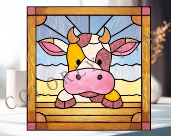 Motivo a vetrata con mucca carina, modello per pannello finestra con animali da fattoria, download digitale (L93SI)