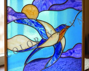Flying Swallow Stained Glass Pattern, Bird Suncatcher Template, Blue Sky Window Panel Design PDF SVG (L268BI)