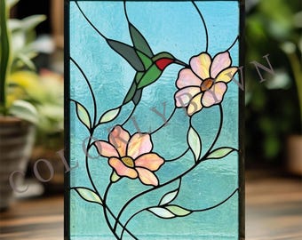 Motivo a vetrata con colibrì e fiori, modello per pannello verticale per finestra con fiori e uccelli, PDF SVG (L227BI)