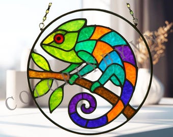 Chameleon Stained Glass Pattern, Colorful Lizard Suncatcher Template, Instant Download PDF SVG PNG (L112AN)