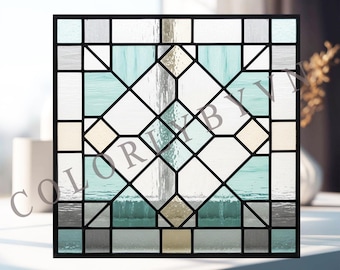Geometric Stained Glass Panel Pattern: Modern Square Panel, Abstract Glass Art, Instant Download PDF PNG (L38GE)