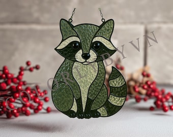 Raccoon Stained Glass Pattern: Sitting Woodland Animal Suncatcher Template, Instant Download PNG PDF (L90ANL)