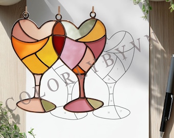 Coppia di bicchieri da vino con motivo a cuore in vetro colorato, romantici da appendere alla finestra, regalo di anniversario, download PDF SVG (L24VA)