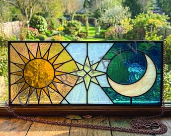 Sun Moon Star Stained Glass Pattern, Celestial Suncatcher Template, Geometric Window Panel Design, Printable PDF SVG PNG (L61GE)