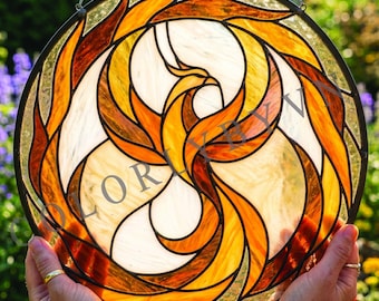 Phoenix Stained Glass Pattern, Fire Bird Suncatcher Template, Round Mandala Glass Art, Mythical Phoenix Panel (PDF SVG PNG, L289PAL)