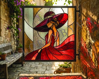 Elegant Lady Stained Glass Pattern, Woman in Red Dress Suncatcher Template, Fashion Window Panel Design (L27FR)