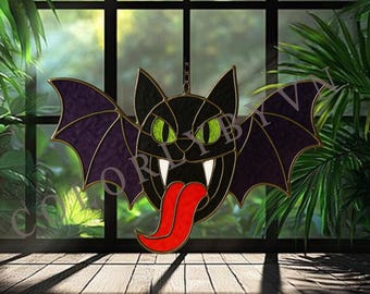Bat Cat Stained Glass Pattern with Wings and, Halloween Suncatcher Template, Spooky Cat with Wings DIY Glass Art PDF PNG (L47HA)