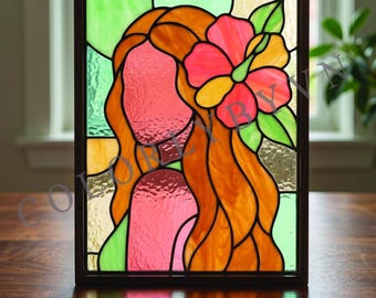 Girl With Flower Stained Glass Pattern, Floral Woman Suncatcher Template, Art Nouveau Glass Panel PDF, Female Portrait Design (L24FR)