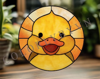 Modello di vetrata con anatra, simpatico acchiappasole rotondo con anatroccolo, modello fai da te per appendere alla finestra un animale giallo, PNG (L170AN)