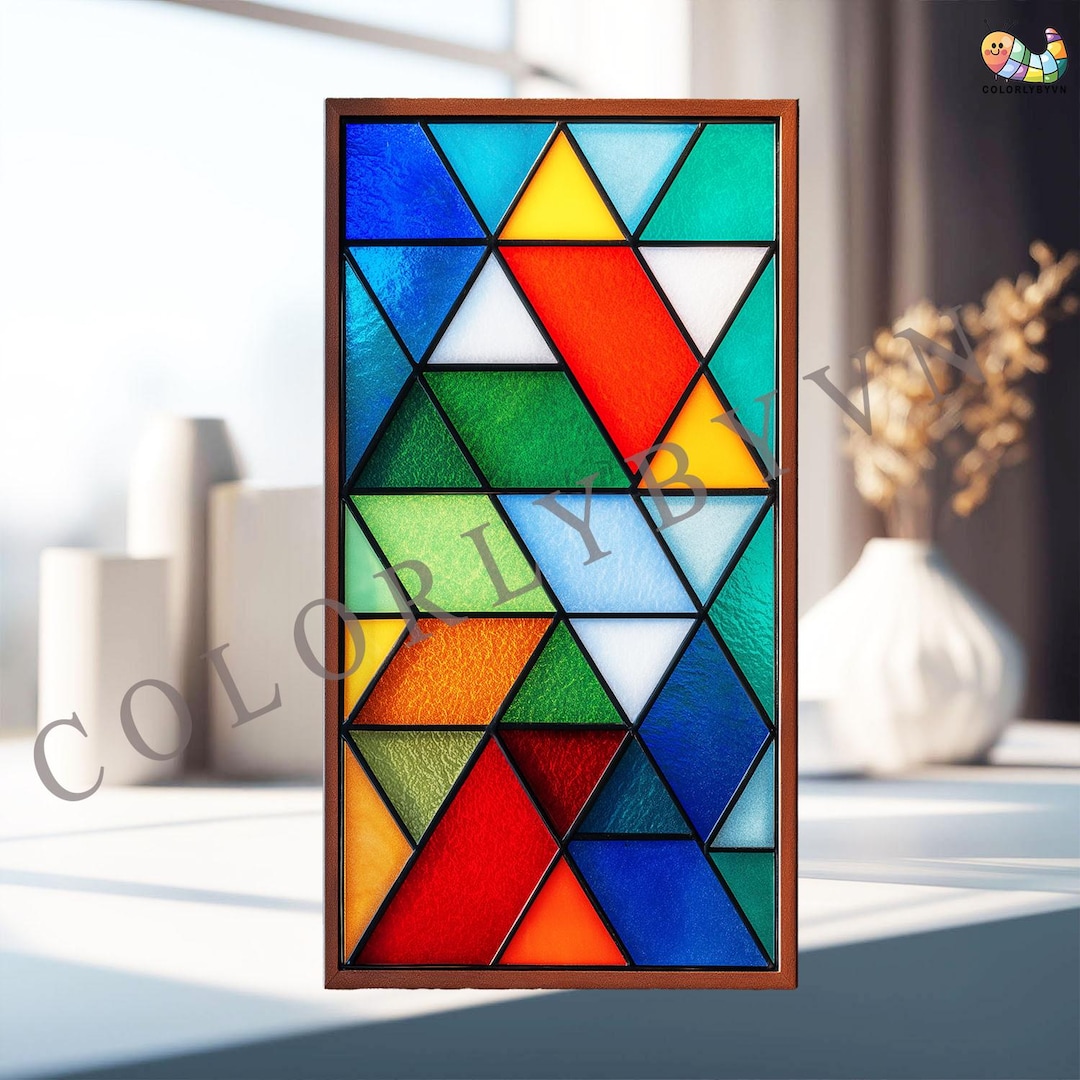 Triangle Pattern Glass Sheets Geometric Triangle Stained Glass Pattern, Colorful Modern Panel ...