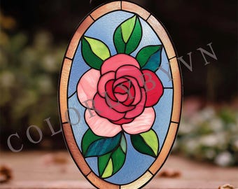 Motivo in vetro colorato con rose, decorazione floreale ovale per finestra, design romantico in vetro con fiori, download immediato in PDF, PNG e SVG (L107FL)
