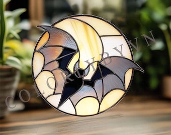 Motivo per vetrate con pipistrello e luna: modello fai da te per acchiappasole di Halloween, decorazioni da appendere alle finestre (L273HA)