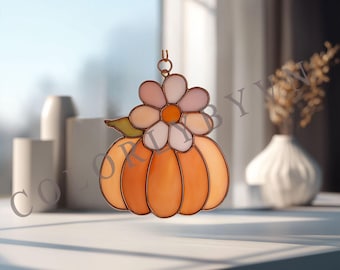 Pumpkin Stained Glass Pattern with flower: Autumn Suncatcher Template, DIY Fall Window Hanging, Beginner Friendly Glass Art PDF PNG