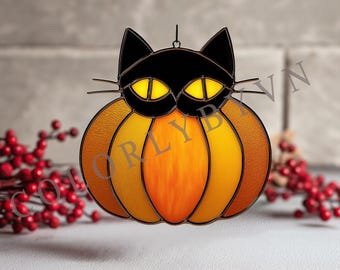 Black Cat Pumpkin Stained Glass Pattern: Halloween Suncatcher Template (PDF, SVG, PNG Download), Diy Window Hanging Glass Art (L221HA)