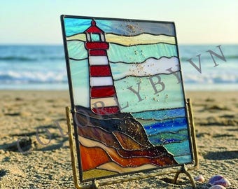Lighthouse Stained Glass Panel Pattern, Coastal Suncatcher, Ocean Cliff Scene, Nautical Glass Art, Beach Decor DIY (L286PAL)