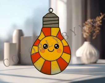Smiling Sun Face Stained Glass Pattern: Light Bulb Suncatcher Template (PDF, SVG, PNG Download)