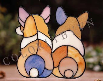 Corgi Couple Stained Glass Pattern: Two Corgis Back View Design, Pet Memorial Window Art  (PDF, SVG, PNG Download, L95VA)