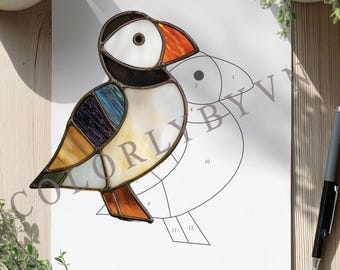 Puffin Stained Glass Pattern, Bird Suncatcher Template, Coastal Nature Glass Art Design, PDF SVG PNG Download (L73SI)