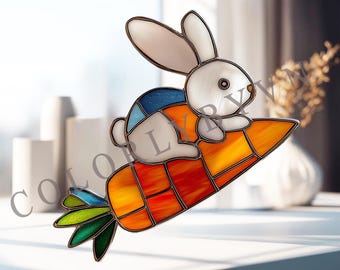 Rabbit riding a carrot Stained Glass Pattern, Spring Animal Suncatcher Design, Easter Glass Art Template (L32EA)