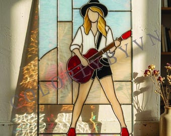 Girl Guitar Stained Glass Pattern, Pop Singer Inspired Panel, Music Lover Glass Art, Modern Musician Window Hanging (L11FR)