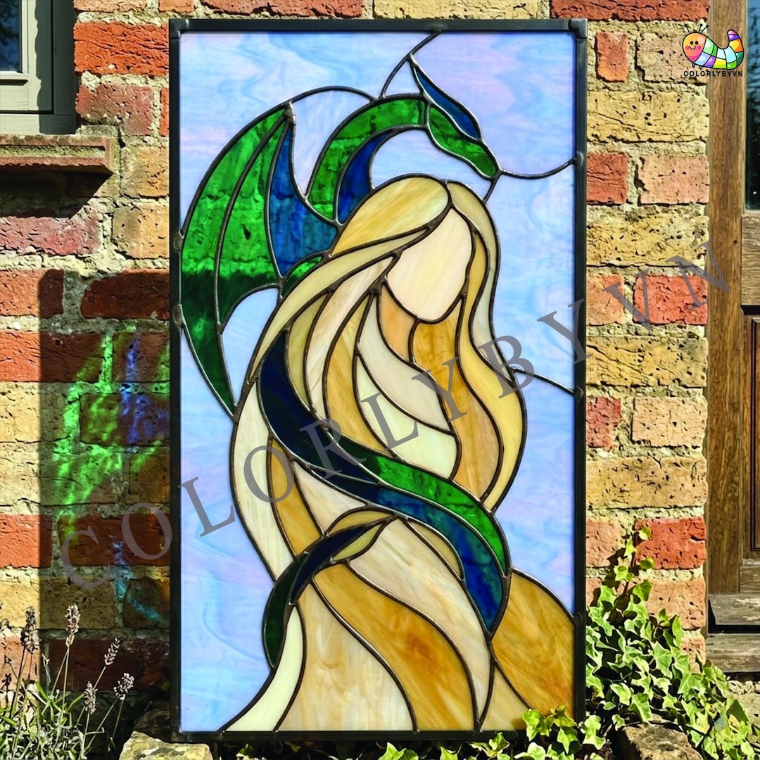 Dragon & Woman Stained Glass Pattern, Fantasy Dragon Embrace Glass Art ...